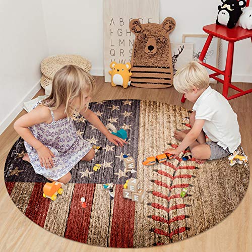 Round Area Rugs 3 Ft Diameter For Nursery Room Rustic America Flag Baseball Design Decorative Rug Carpet Floor Mat Yoga Mat For Boys Girls Playroom Home Decor #TOP4