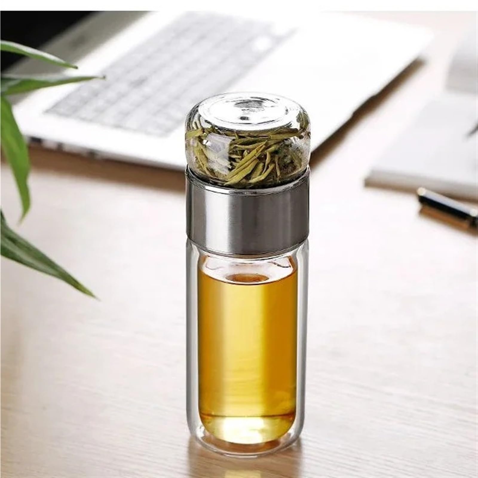 Botella de agua del té de 390ML, vaso de agua del té de doble capa de vidrio de borosilicato alto, vaso infusor, botella de agua con filtro de té(Gold)