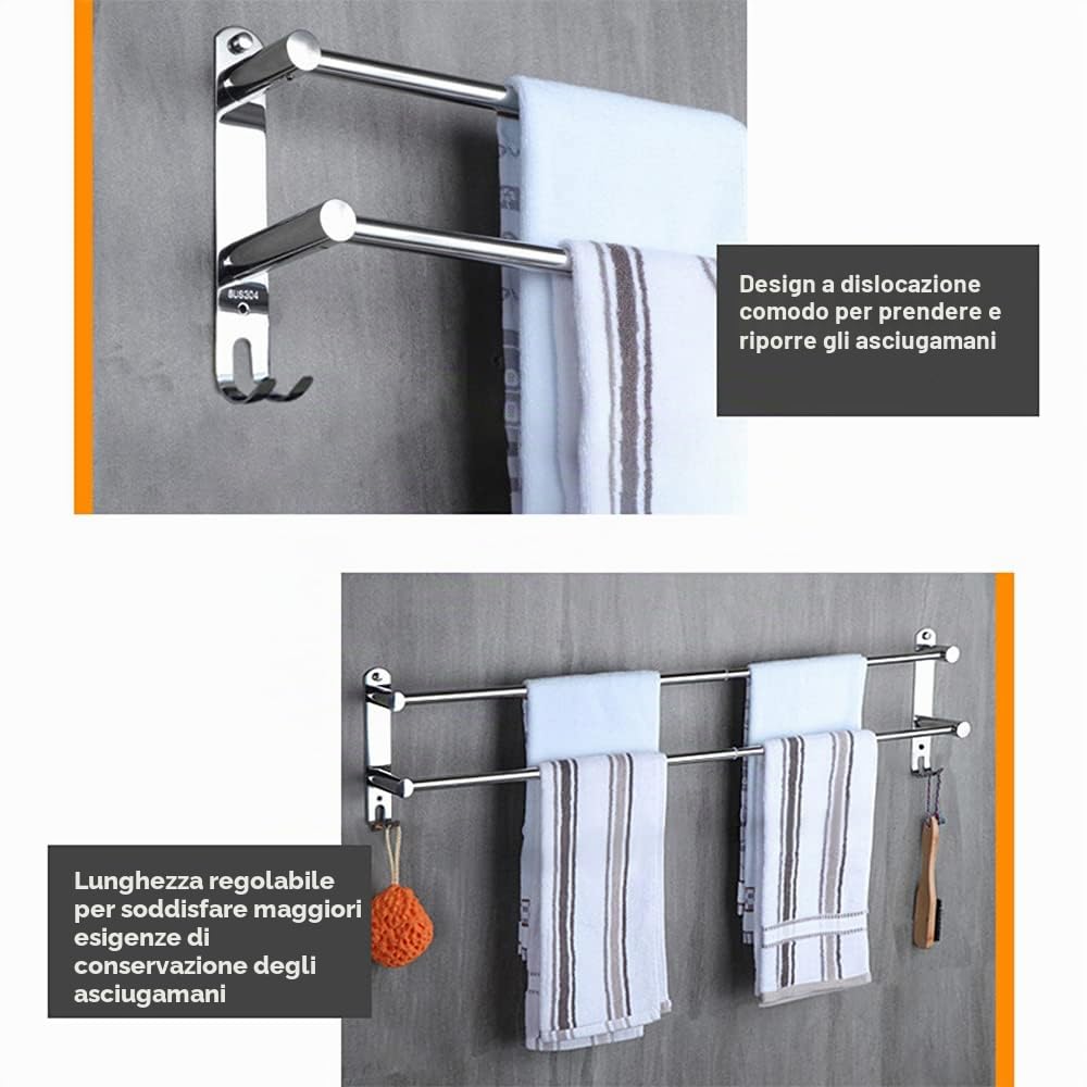 Portasciugamani Muro HONPHIER® Portasciugamani da Parete Porta Salviette Da Bagno Porta Salviette Acciaio Inossidabile Cromato Retrattile 49-90CM Portasciugamani Cromo (2 Barre)