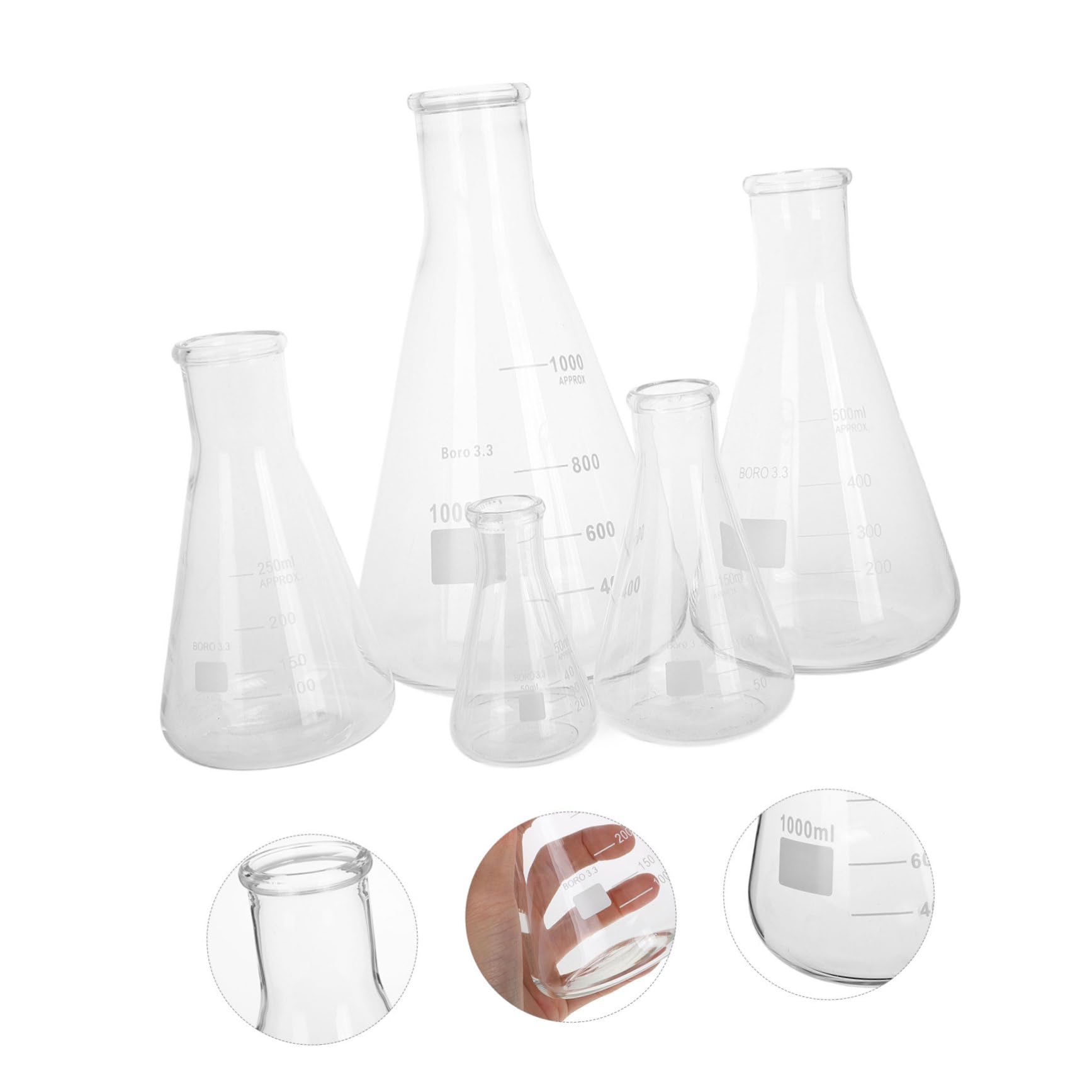 iplusmile Juego de 5 Matraces de Vidrio de Borosilicato Erlenmeyer Base Triangular y Capacidad de 50 Ml a 1 L, Alta Resistencia Térmica y Fácil Vertido para Laboratorio
