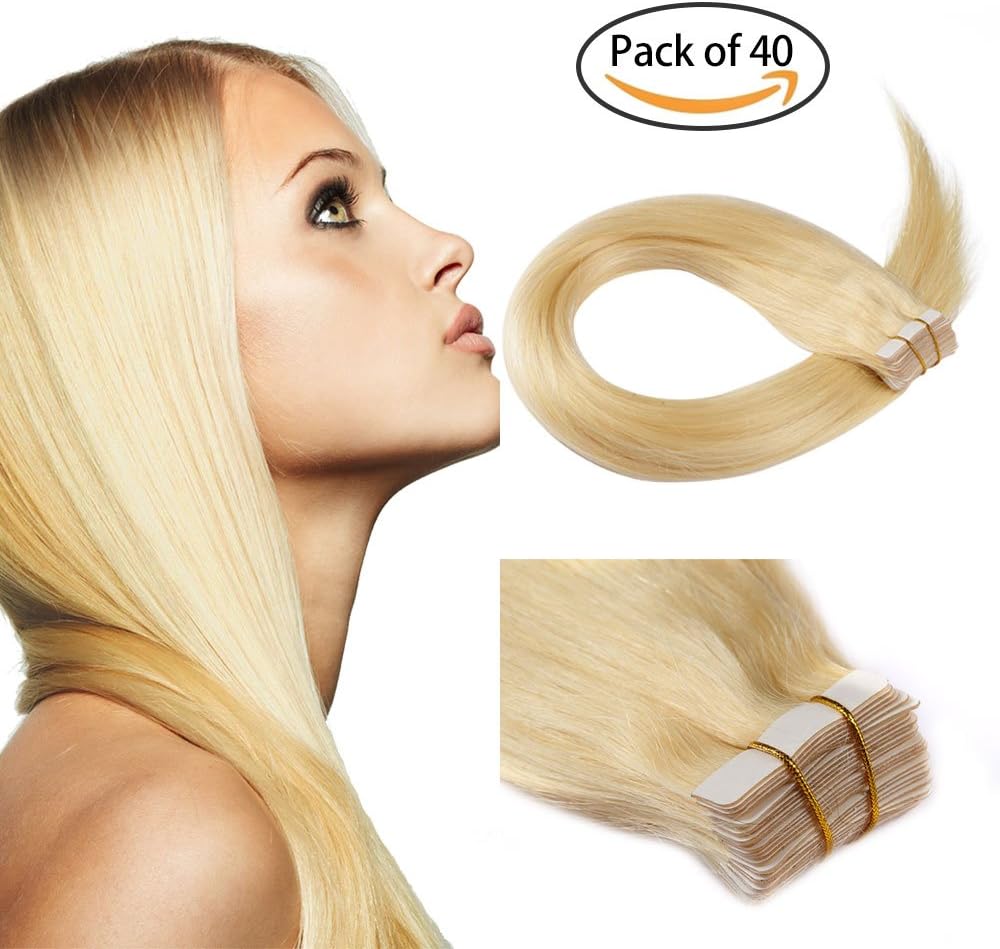 Hair Extensions Tape in Hair - Remy Human Hair 40pcs 100g/Pack, Seamless Tape with Silky Straight Hair in Blonde #613 20inch