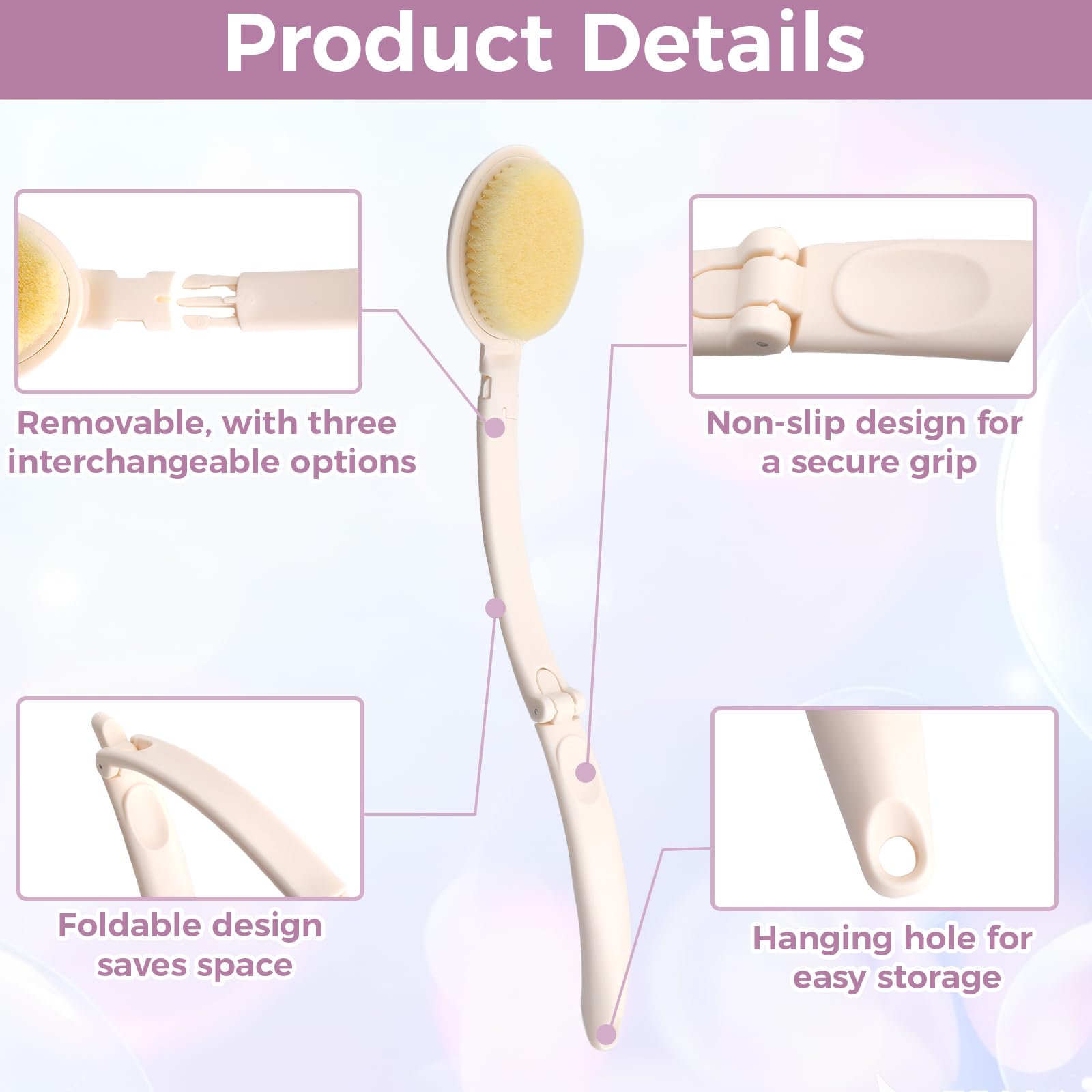 VOSSOT 3-in-1 Rückenbürste mit Langem Stiel, mit Duschschwamm 1 Wandhaken,Rückeneincremhilfe Faltbare Badebürste Austauschbare Köpfe Eincremehilfe für Rücken Füße, Rückenschwamm Körperpflege Set