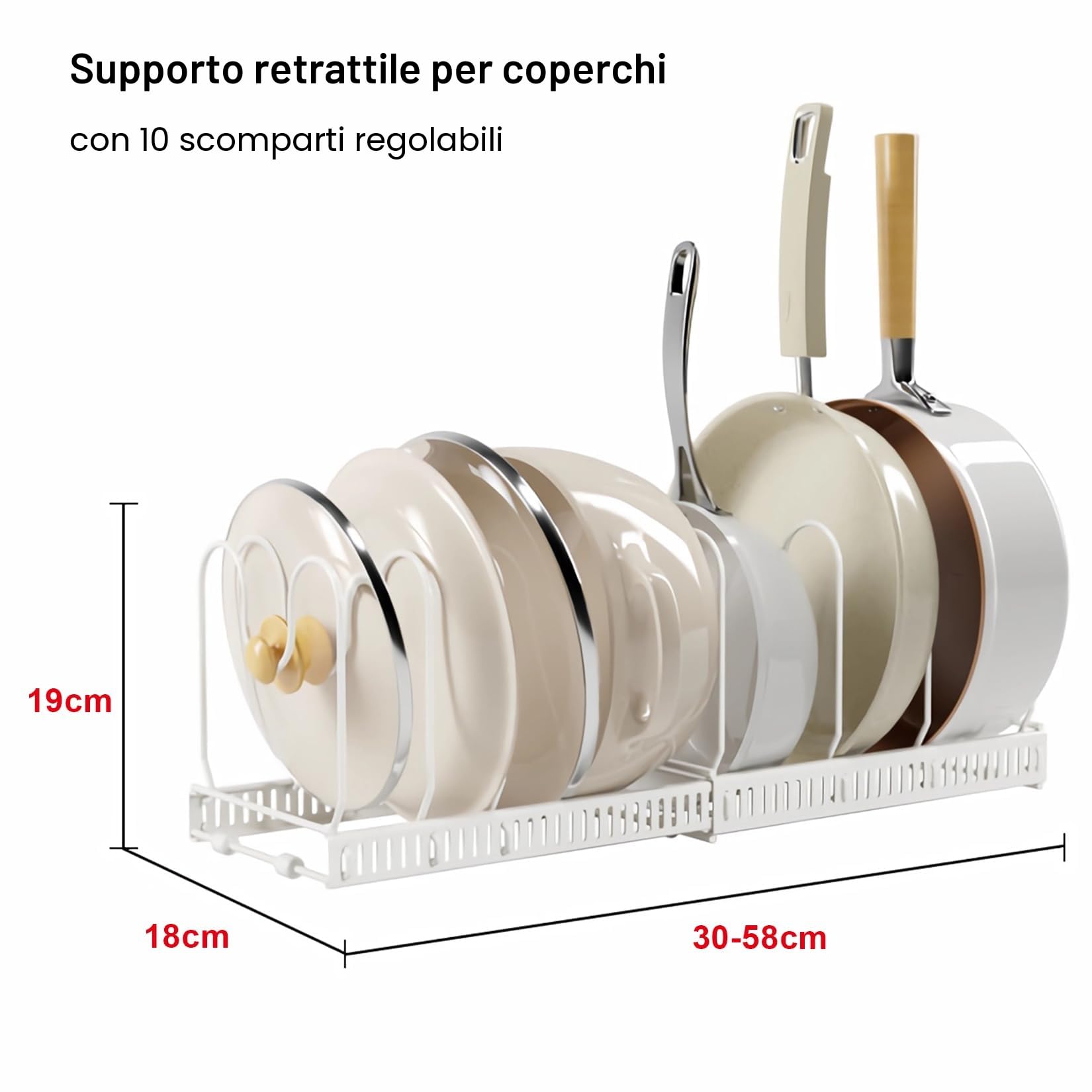 Porta Coperchi Pentole Salvaspazio, Organizer Pentole e Padelle con 10 Scomparti Regolabili, Organizer Cucina, Porta Pentole Salvaspazio da Cassettone, Bianco