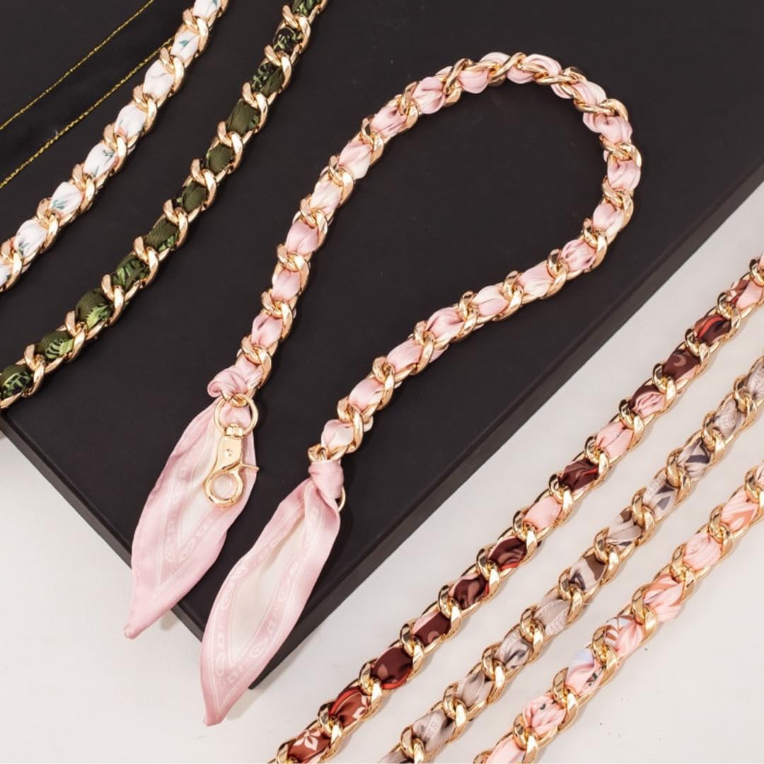 Silk-Wrapped Gold Decorative Bag Chain Charm Purse Strap Handle for Women, Ribbon Handbag Replacement Scarf Strap - Image 3