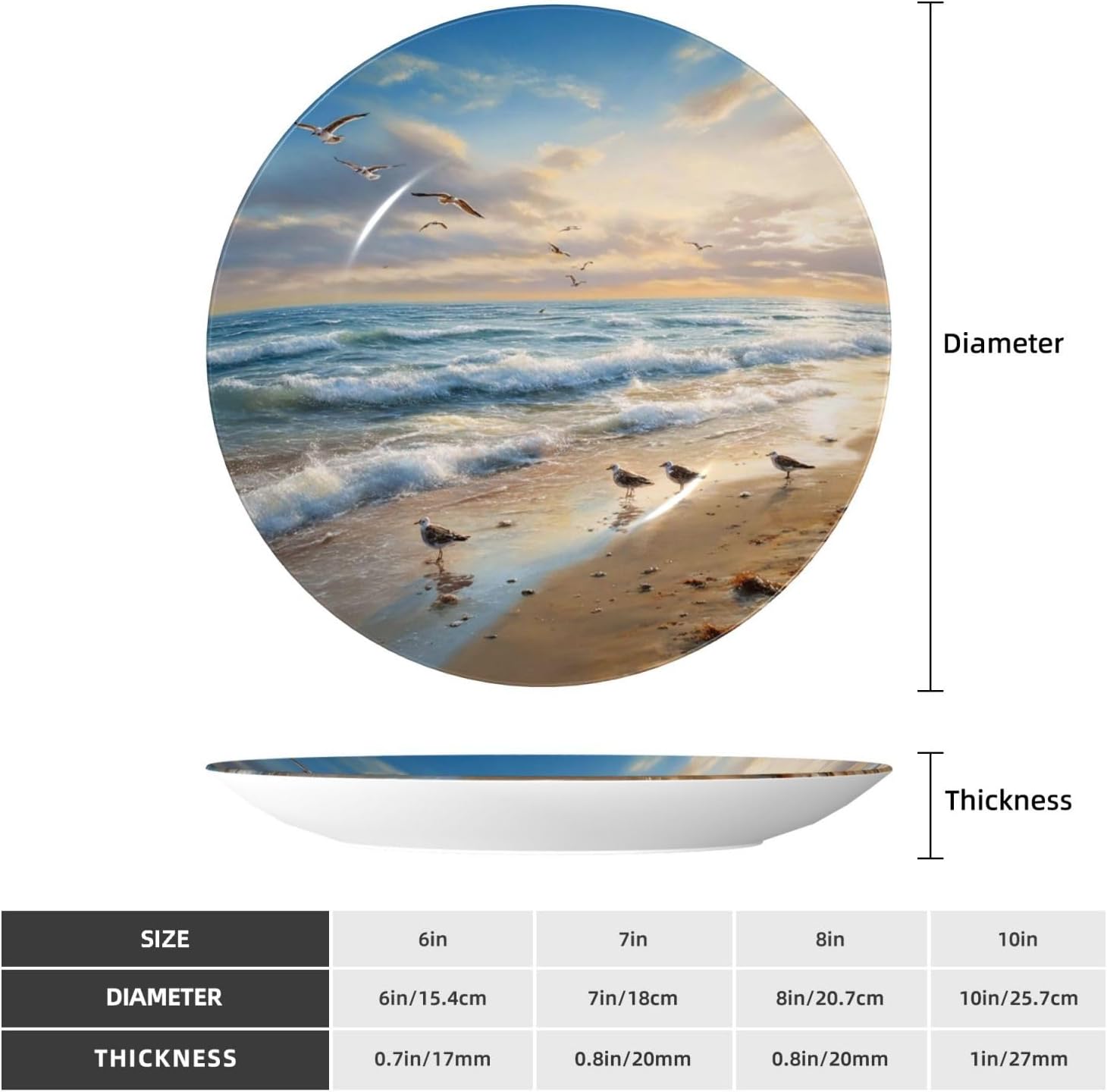 Decorative Plate 10in Bone China Dessert Plates with Display Stand Ceramic Ornament Ceramic The Beach with Sea Birds Decorative Plates Art Crafts Porcelain Plate for Home Club Living Room
