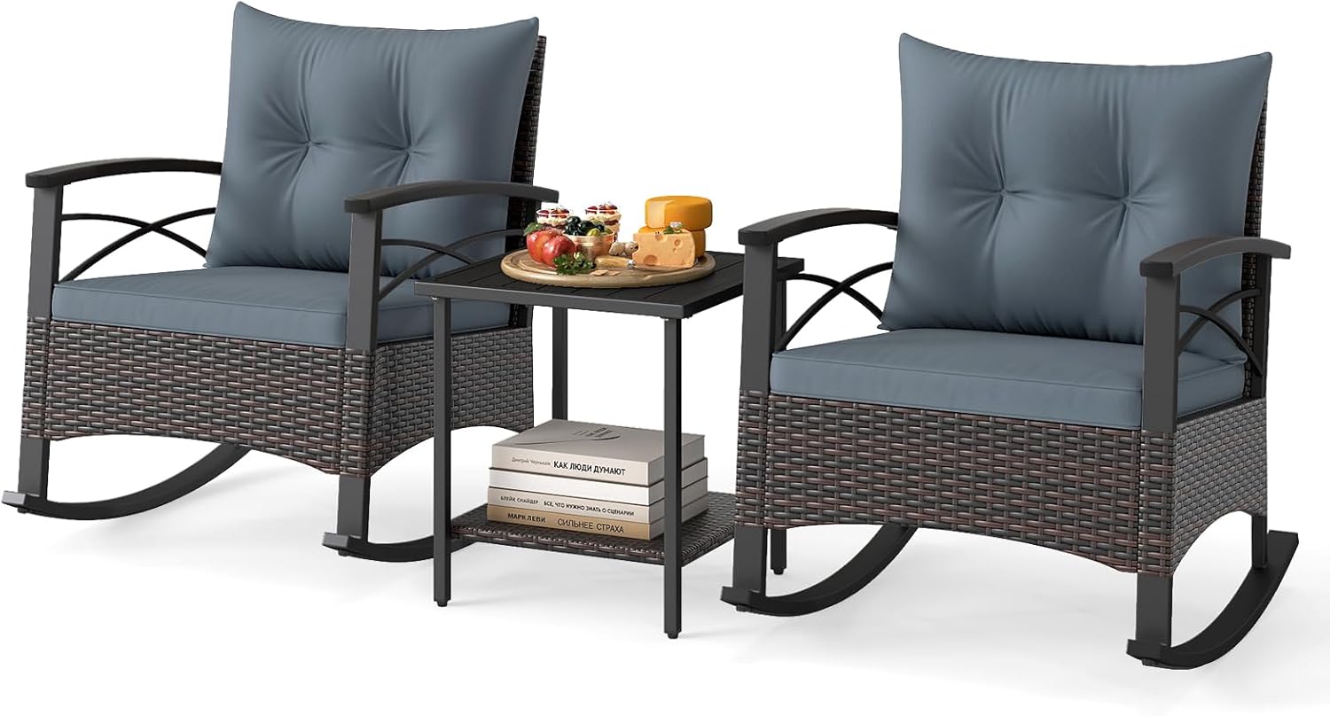 ORALNER 3-Piece Wicker Rocking Chair Set, Outdoor Cushioned Rocker and Acacia Wood Side Table, 400lbs Capacity, PE Rattan Patio Conversation Bistro Set for Porch, Garden, Deck, Poolside, Yard (Gray)