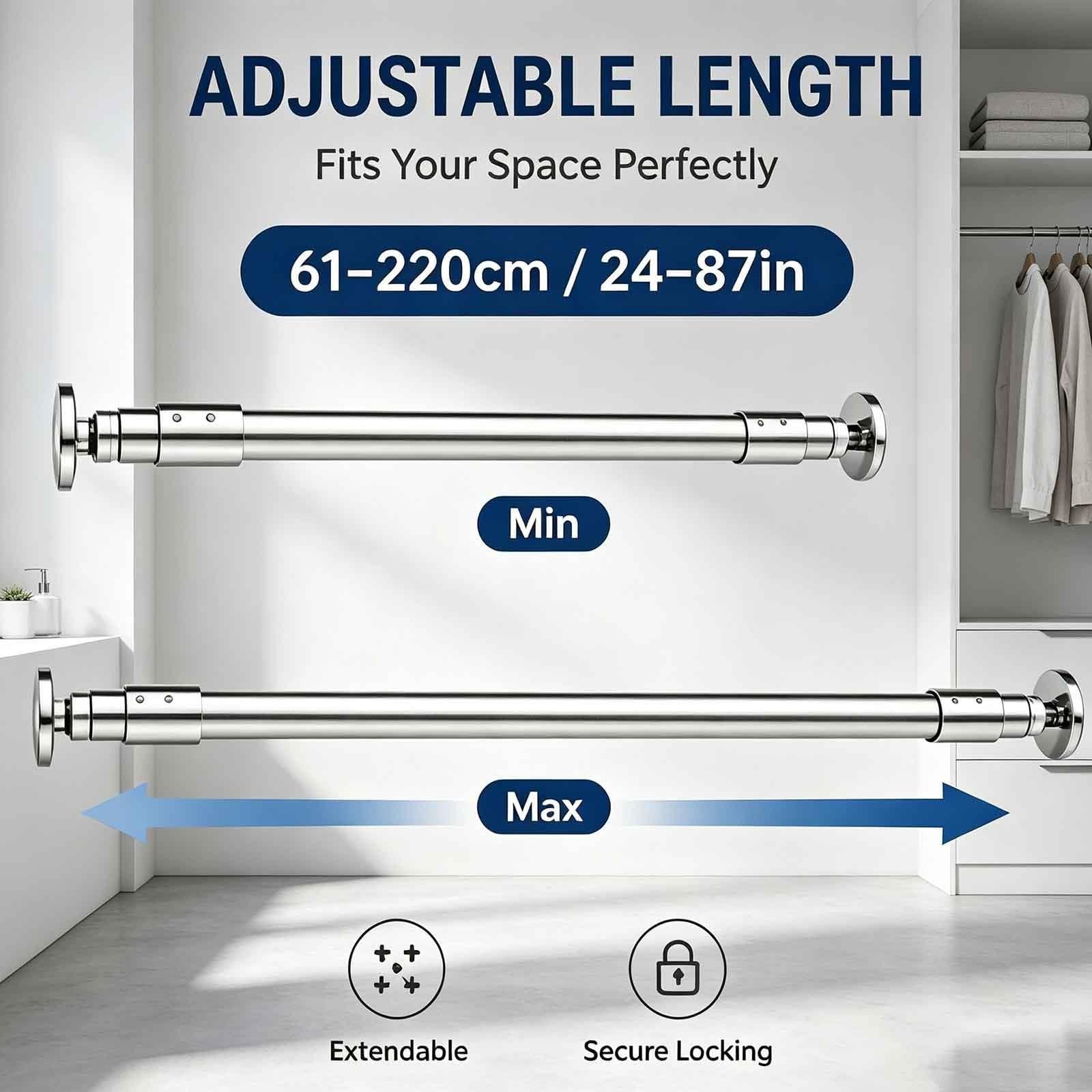 Curtain Tension Rod Retractable 24-87in, Shower Curtain Pole