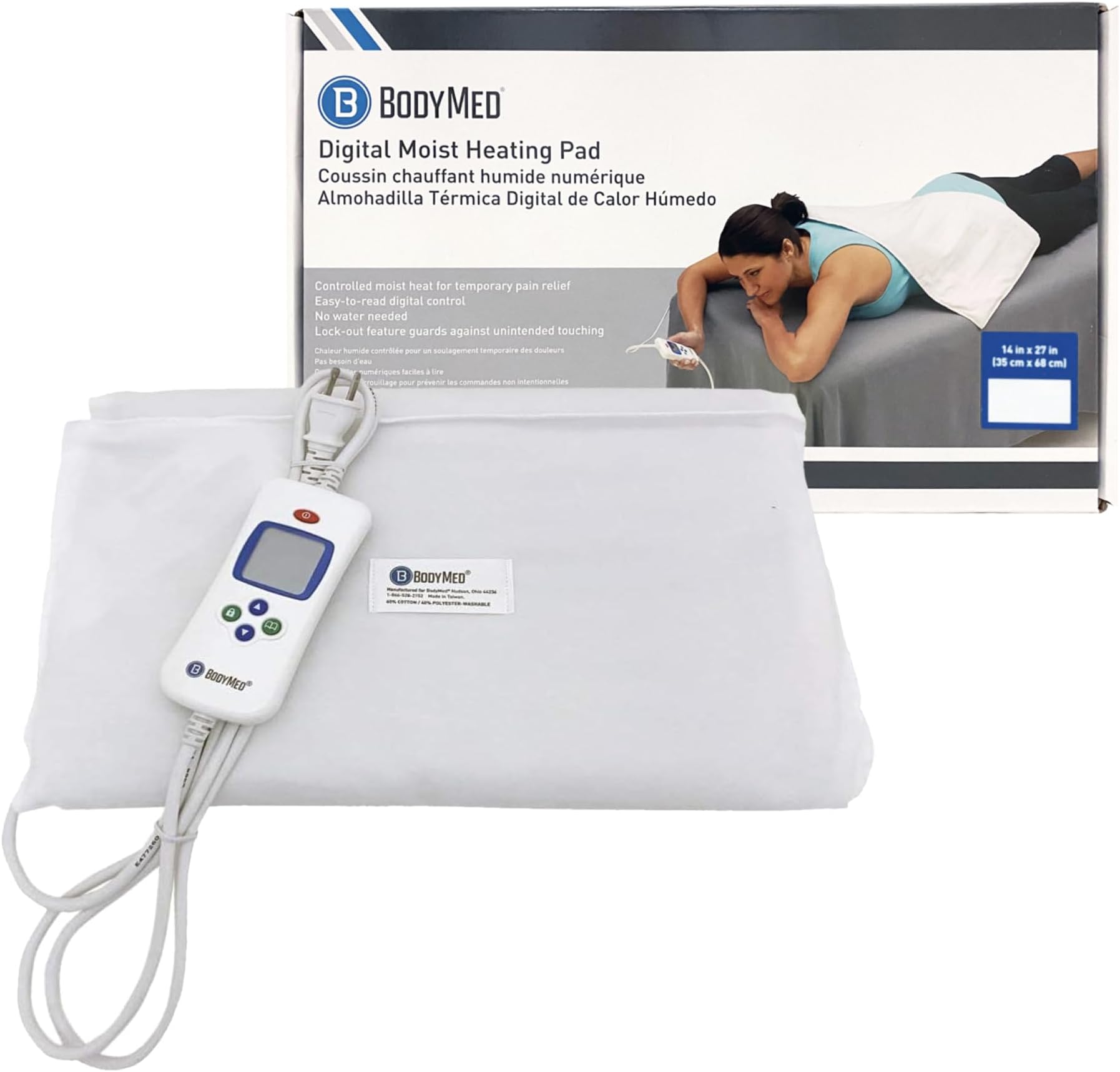 BodyMed Digital Moist Heating Pad with Auto Shut Off Heating Pad for Neck and Shoulders, Back Pain and Muscle Discomfort Relief - 14 x 27 Inch, White