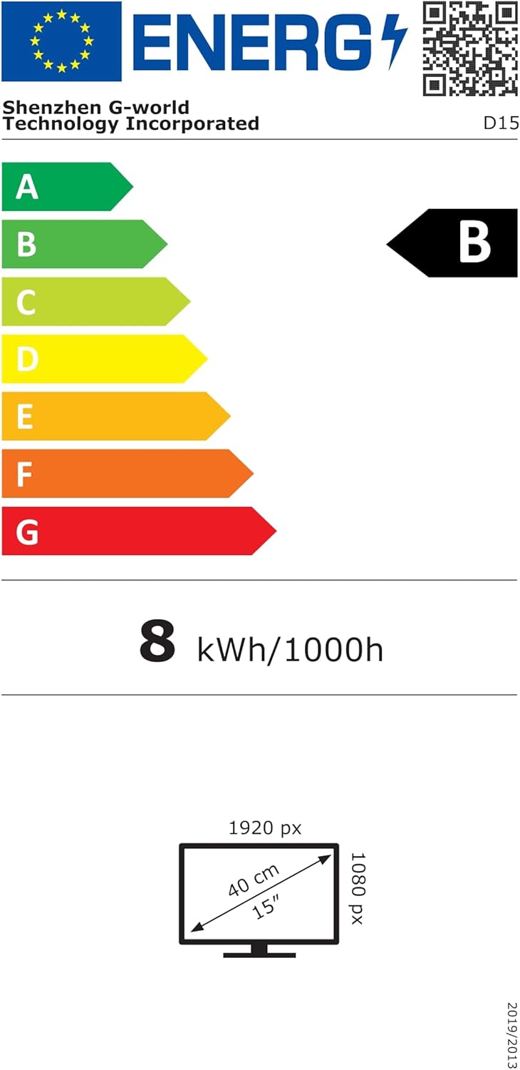 Energy label for the ARZOPA D15 Digital Photo Frame, showing energy consumption and display dimensions.