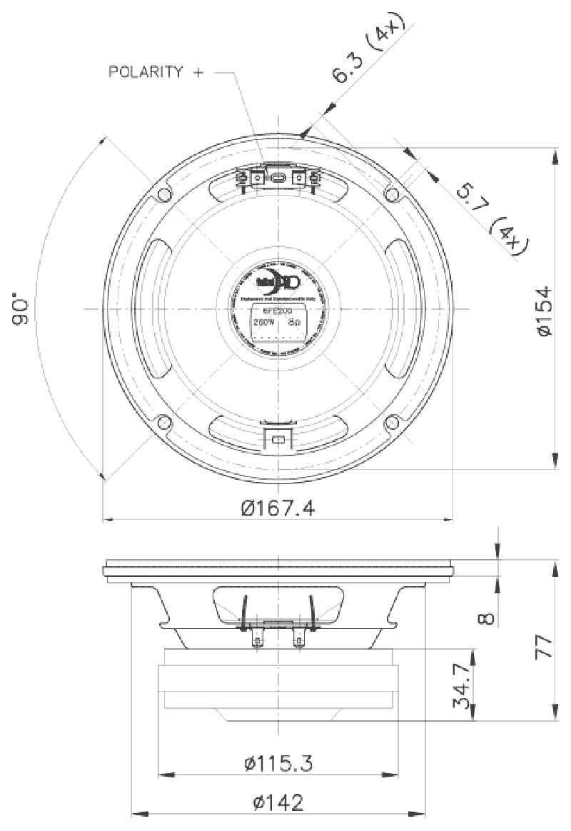 Faital Pro 6FE200-4 - Altavoz profesional de rango medio de 6 pulgadas, 130 vatios Rms 260 vatios máximo 4 OHM graves medios para el hogar y el coche, cono impermeable