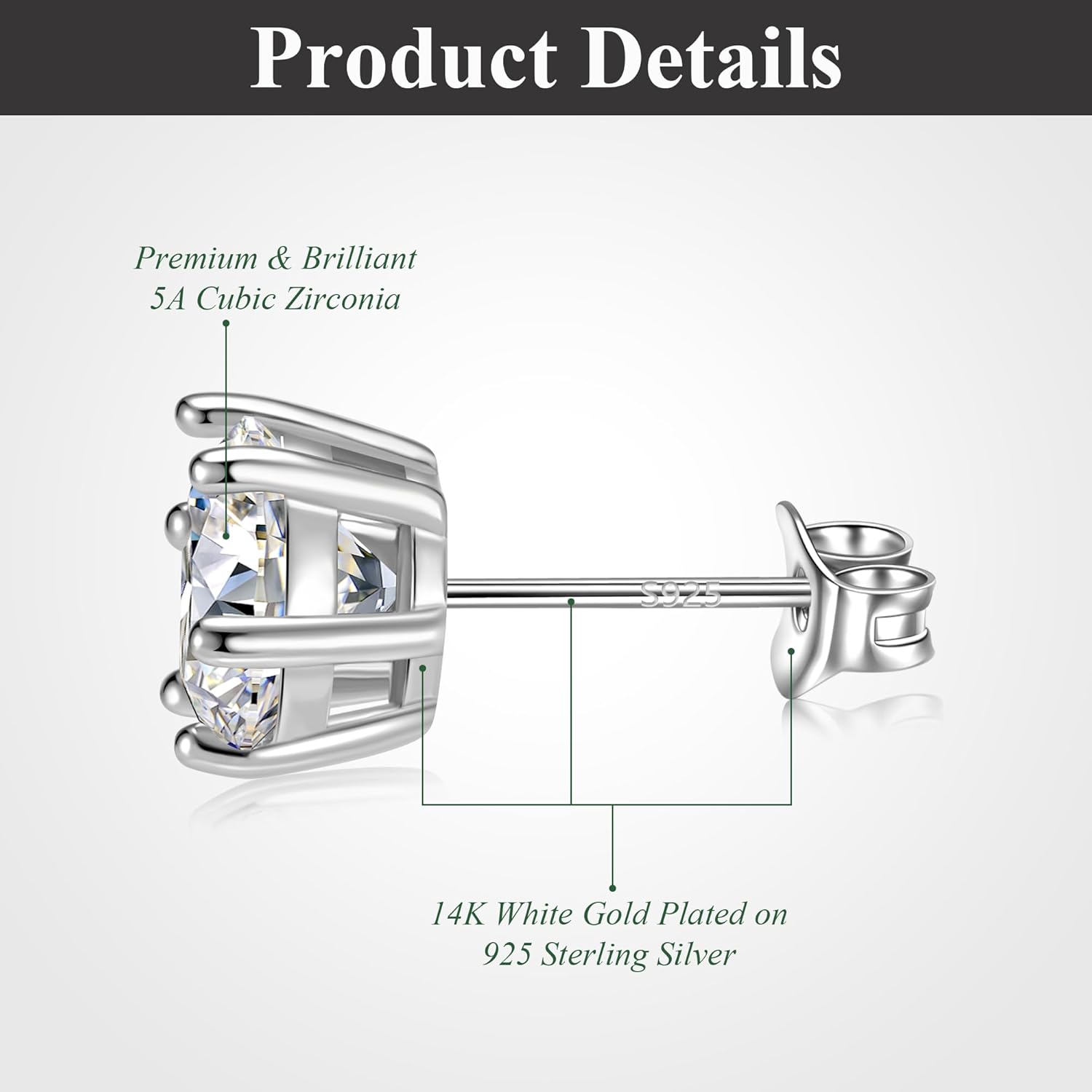 2.0ct Cubic Zirconia Stud Earrings for Women & Men, 7mm Round Hypoallergenic Stud Earrings, 14K White Gold Plated 925 Sterling Silver Earrings for Sensitive Ears - Image 4