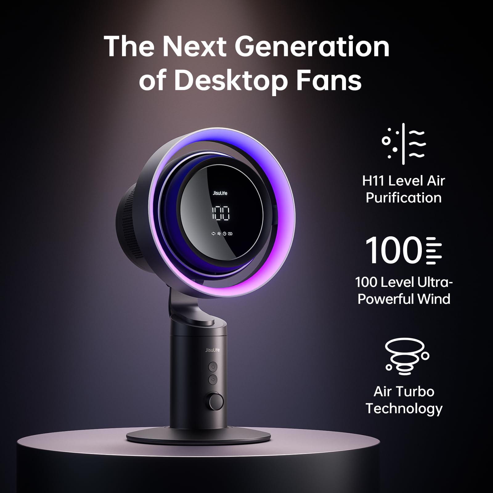 JISULIFE Ventilateur de Table 3-en-1 avec Purificateur d’Air et Lumière RGB