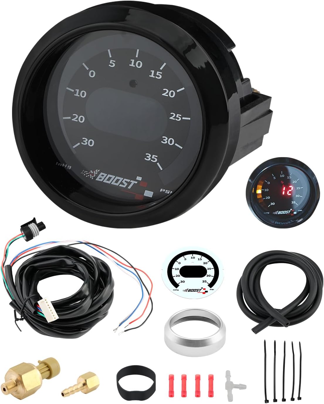 Boost Gauge 52mm(2-1/16"), -30-35psi, Electronic Turbo Boost/Vacuum Gauge, Boost Pressure Gauge Assembly, Digital Boost Display Gauge Set, 0-5V Analog Output, w/LED Interface, Easy to Read, 30-4406