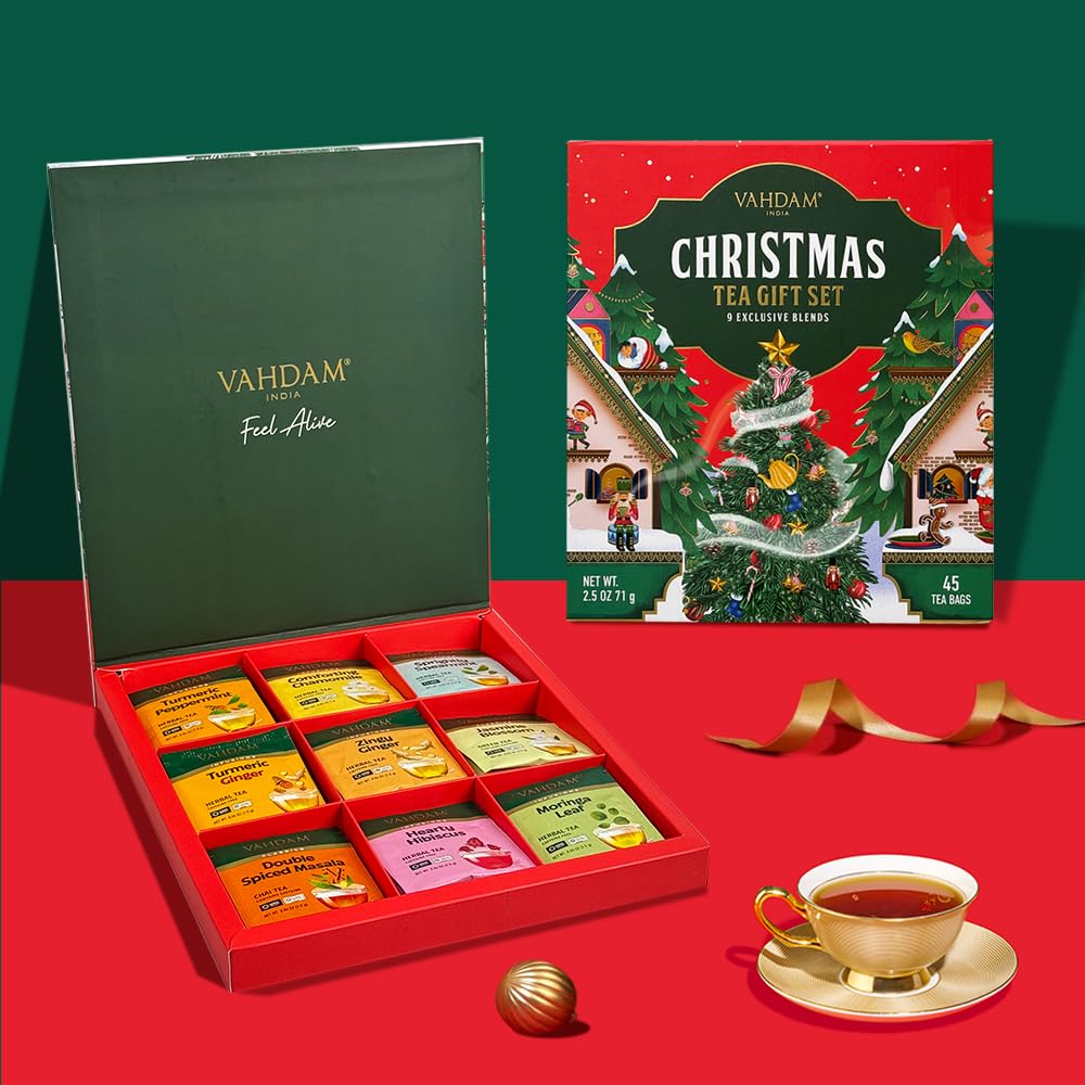 VAHDAM Coffret Thé De Noël 2025 | 9 Uniques Saveurs, 45 Sachets – Coffret De Fête Exclusif | Cadeaux De Pour Femmes Et Hommes | Cadeaux De Thé De Noël 2025