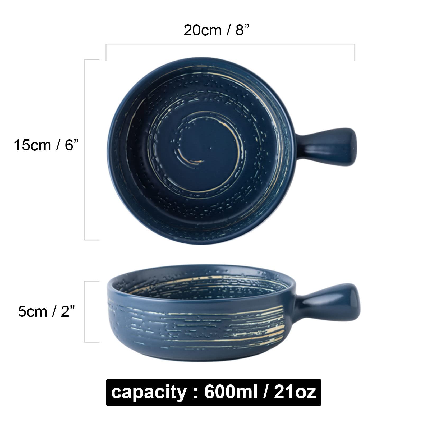 Lasagneform groß tief, Suppenschüssel aus Keramik mit Griff 600 ml, kleine Auflaufform für den Ofen rund aus Keramik, runde Auflaufform aus Steingut klein, Lasagneform au(Blu)