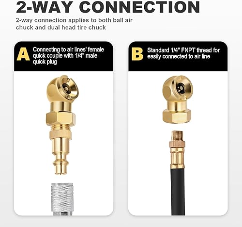 Miniatura 10 de Paquete de 2 mandriles de aire de bola cerrada, portabrocas portátil para inflar aire de neumáticos con giro de 360 y enchufe rápido estándar NPT de