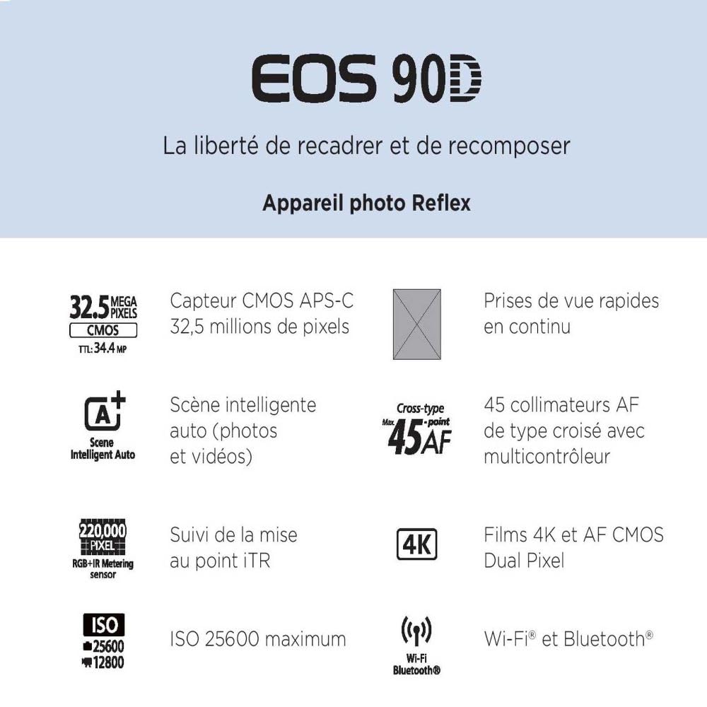 Canon Appareil Photo Reflex EOS 90D boitier Nu (32,5 MP, écran LCD Tactile orientable, capteur APS-C, 4K, WiFi, Bluetooth), Noir