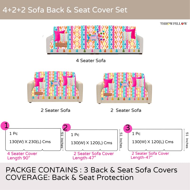 Image of WWW.THROWPILLOW.IN Rainbow Aztech Tassel Sofa Cover: Sofa Cover:Thick Fabric, Antislip, Anti Wrinkle: Seat & Front Back Protection -Set of 3 Covers- 8 Seater Sofa Cover Set (4+2+2 Seater)