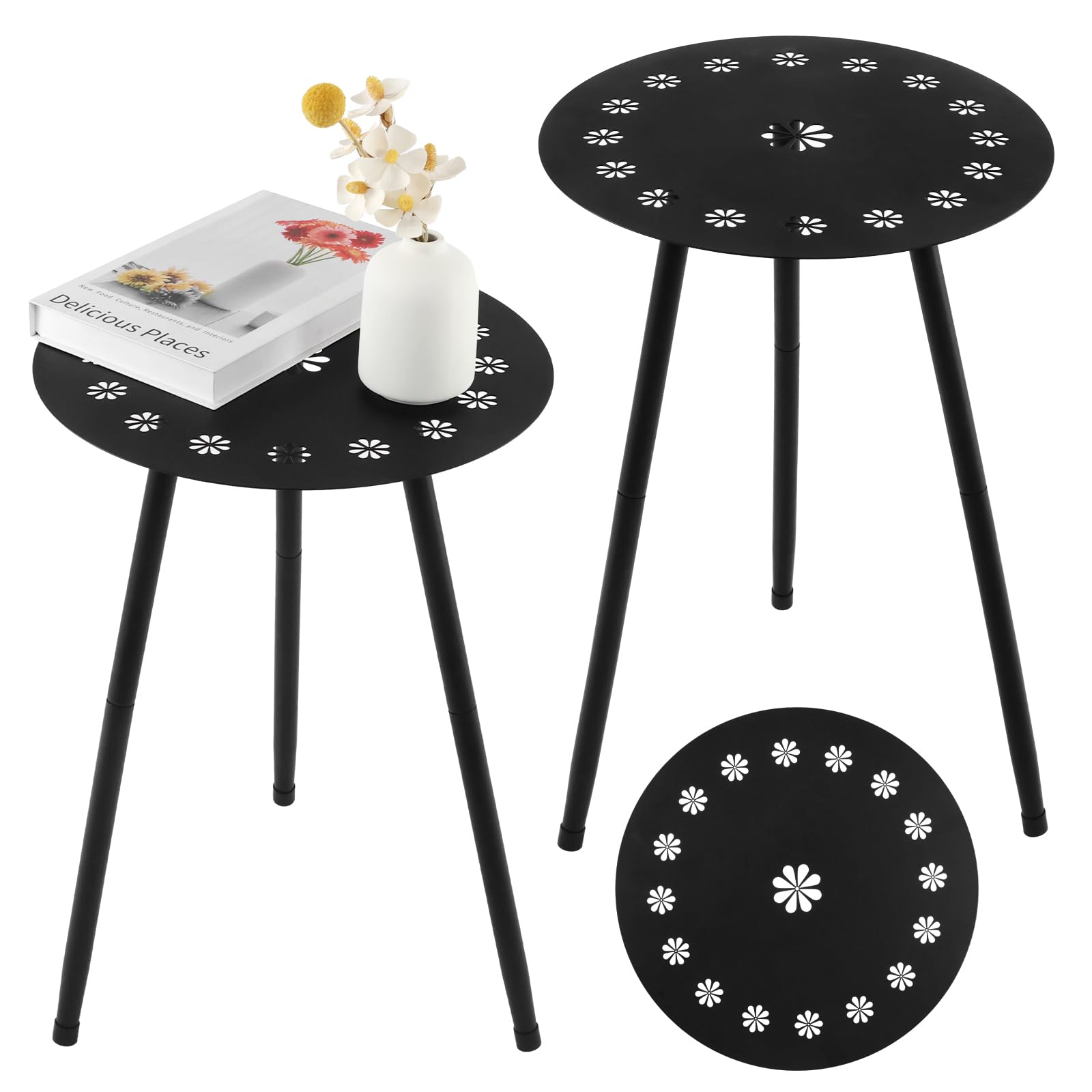 Outdoor Side Table Set of 2 Patio Round Tables for Outside Black End Tables Small Coffee Table End Table Modern Metal Porch Plant Stands for Balcony,