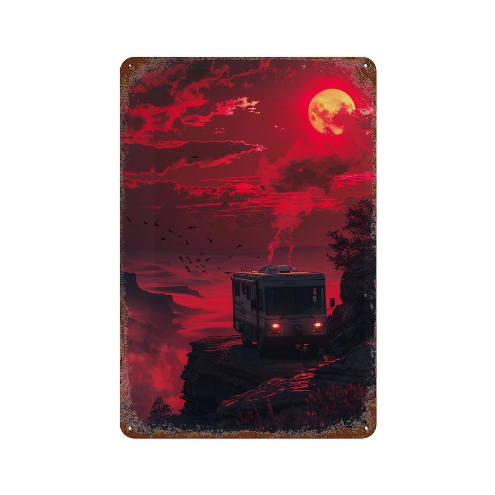 Garage Style Red Sunset Camper Adventure Rusty Metal Tin Sign 11.8"x7.9", Shabby Chic Decor for Bar And Workshop