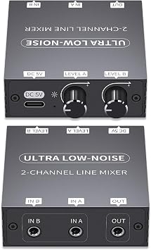 2 Channel Stereo Audio Mixer, 3.5mm Mini Audio Mixer Line Mixer, Low-Noise DC 5V Support Music Creation, Sub Mixing, Live Broadcast, As Guitars, Bass, Keyboards Mixer