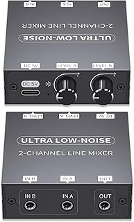 2 Channel Stereo Audio Mixer, 3.5mm Mini Audio Mixer Line Mixer, Low-Noise DC 5V Support Music Creation, Sub Mixing, Live Broadcast, As Guitars, Bass, Keyboards Mixer