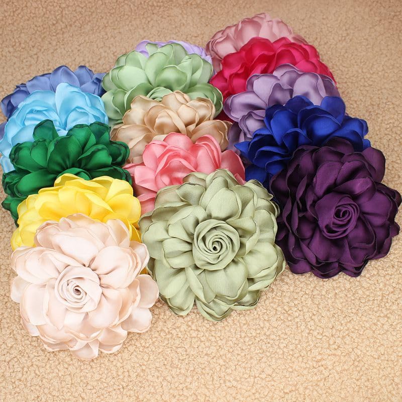Image of Extra Large Satin Fabric Flower Brooch for Women Elegant Rose Camellia Floral Brooch Pin Handmade Big Satin Fabric Flower Statement Brooch Pin Vintage Clothing Hat Bag Accessories Christmas Wedding Bridal Birthday Jewelry