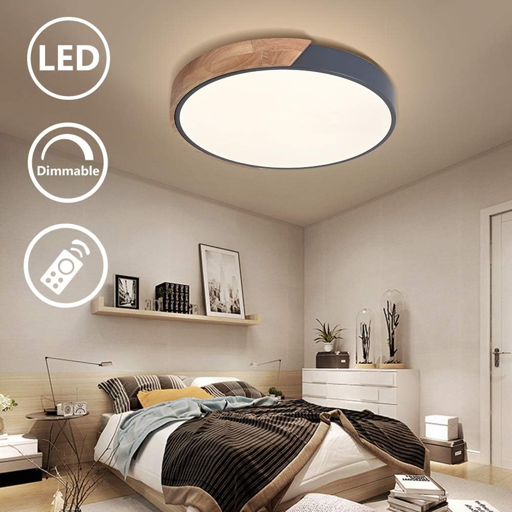 Suреr Dеаl Prоduсt EDISLIVE Ceiling Light Dimmable 19inch Modern Minimalist LED Round Shaped Wood & Metal & Acrylic Flush Mount Ceiling Light with Remote Control Gray