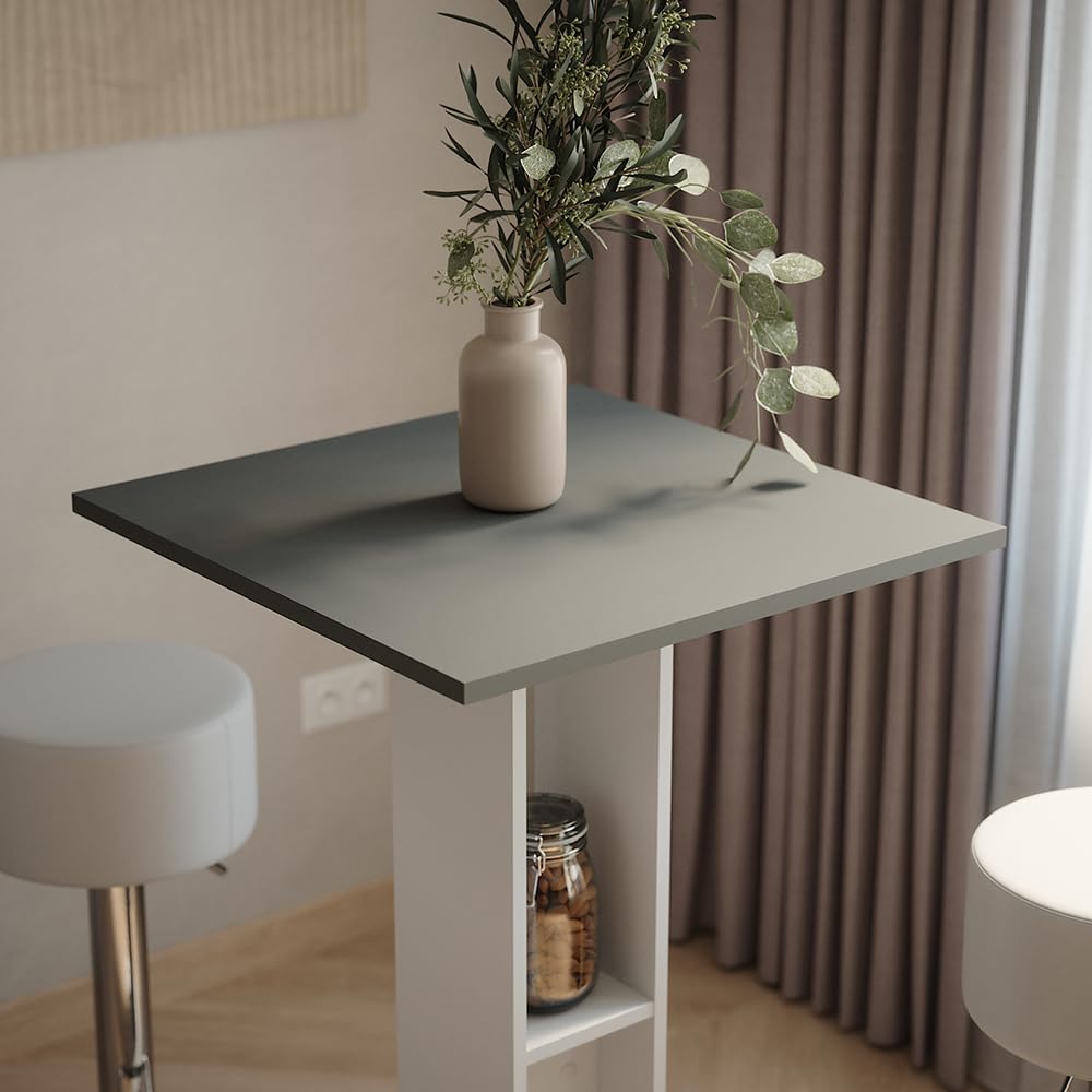 Vicco Bartisch-Set Repose, Weiß/Anthrazit, 65 x 65 cm mit 2 Barhockern, mit seitlichem Regal zur Aufbewahrung von Flaschen und Gläsern