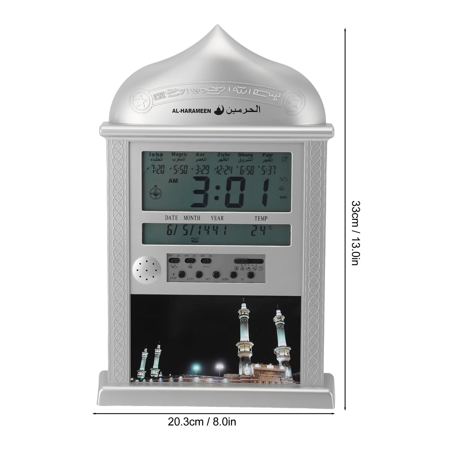 Pilipane Digital Azan Moschee Gebetsuhr Kalender Wecker Multifunktion muslimische Gebetswanduhr für die Heimdekoration (Silber)