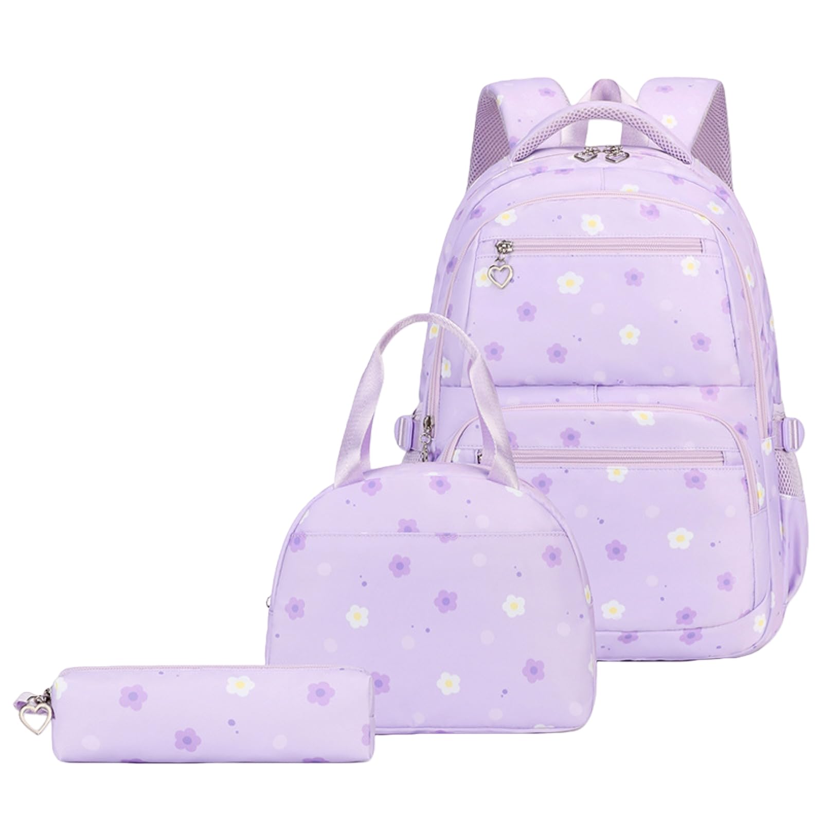 Zaino 3pcs Floral Stampa Set Borsa di Libro Scuola Impermeabile con Pranzo & Matita Caso Studenti-Purple