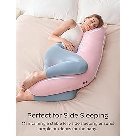 Momcozy Body Pillow for Pregnancy, J Shaped Pregnancy Pillows for Side Sleeping, Soft Maternity Pillow with Jersey Cotton Cover for Head Neck Belly Support, Pink