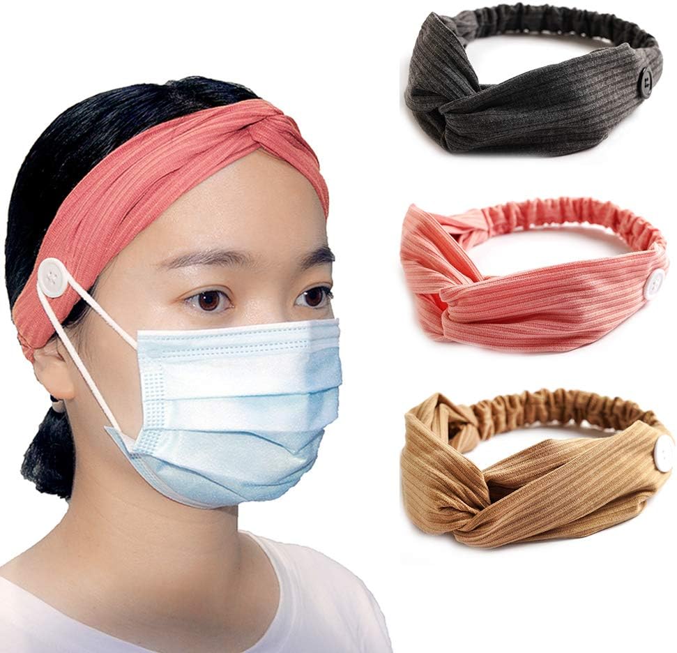 3 Pack Boho Headbands with Buttons for Face Masks Covers,Button Headbands Ear Saver Mask Holder Knotted Headband Wide Turban Headband Twisted Criss Cross Head Wrap Elastic Hair Accessories for Women