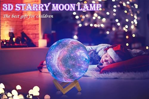 SMARTDATA Lâmpada Lua noturna infantil, lâmpada Galaxy de 16 cores LED 3D lua com suporte de madeira