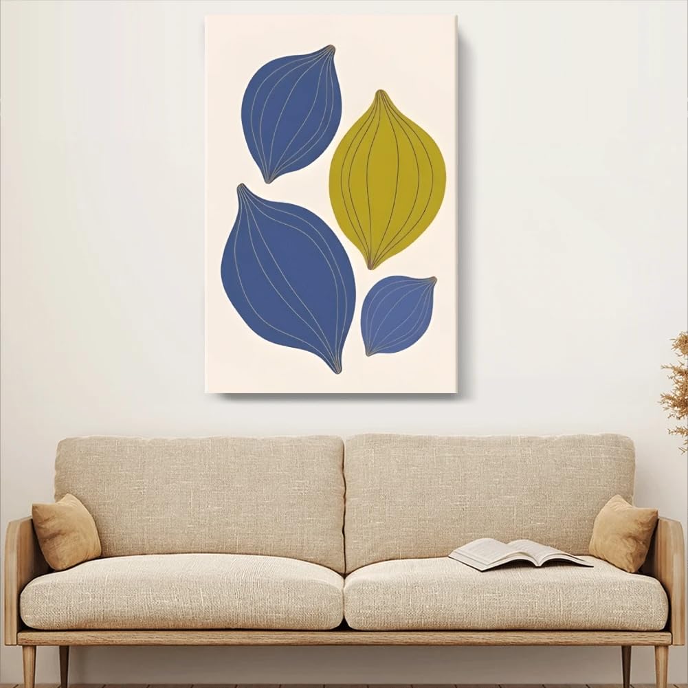 1 cuadro abstracto con formas de hojas en azul y amarillo, ideal para sala de estar (70x120cm/Sin marco).