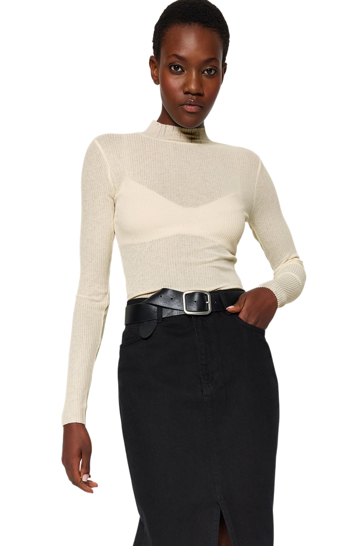 Trendyol Damen Ecru Gerade Lange Ärmel Schlank Die Bluse