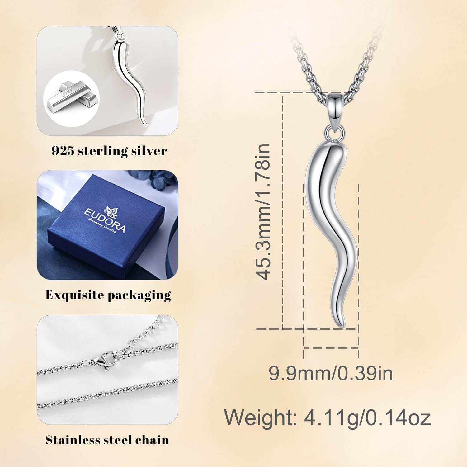 EUDORA S925 Sterling Silver Italian Horn Necklace for Women Men, Gold Cornicello Necklaces Lucky Pendant for Protection Italian Pepper Amulet Jewelry Original Gifts for Women Mens Wife, 20+2inch