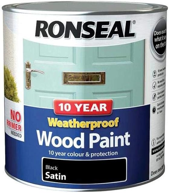 Ronseal 10 Year Weatherproof 2-in-1 Wood Paint Black Satin 2.5 Litre,Black