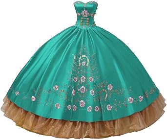 Amazing Gold Embroideried Strapless Ball Gown Quinceanera Prom Dresses Satin Ruffled
