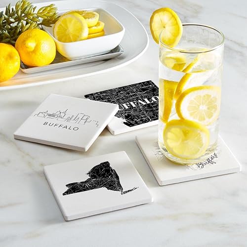 Miniatura 2 de Minimalistic B&W New York Buffalo & State, Joyride Home Decor, 4 posavasos de cerámica, posavasos cuadrados de 4 pulgadas, juego de 4, parte trasera