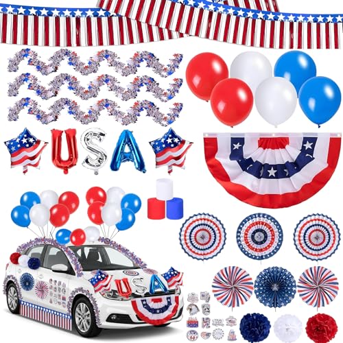 Hokinaa 4th of July Decorations - 106 Pcs USA Patriotic Car Parade Float Wagon Banner Balloons Paper Fan Garland Streamers Pom Poms Kit Red White Blue Party Supplies Decor for Independence Day