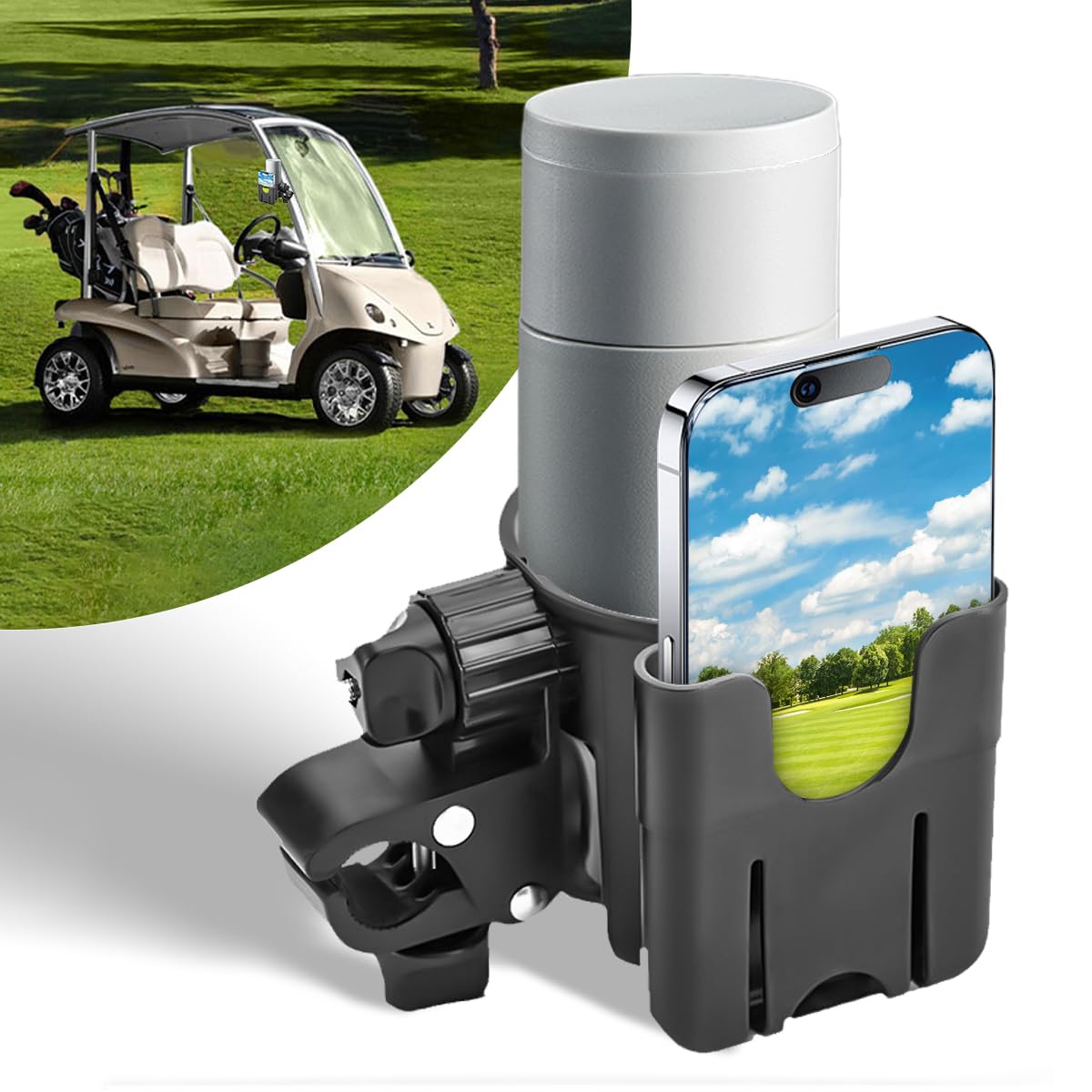 Golf Cart Cup Holders, Universal 2-in-1 Mug Phone Holder, Mount Compatible with EZGO/Club Car/Yamaha, 360° Swivel with Silicone Protective Pad, Bike,