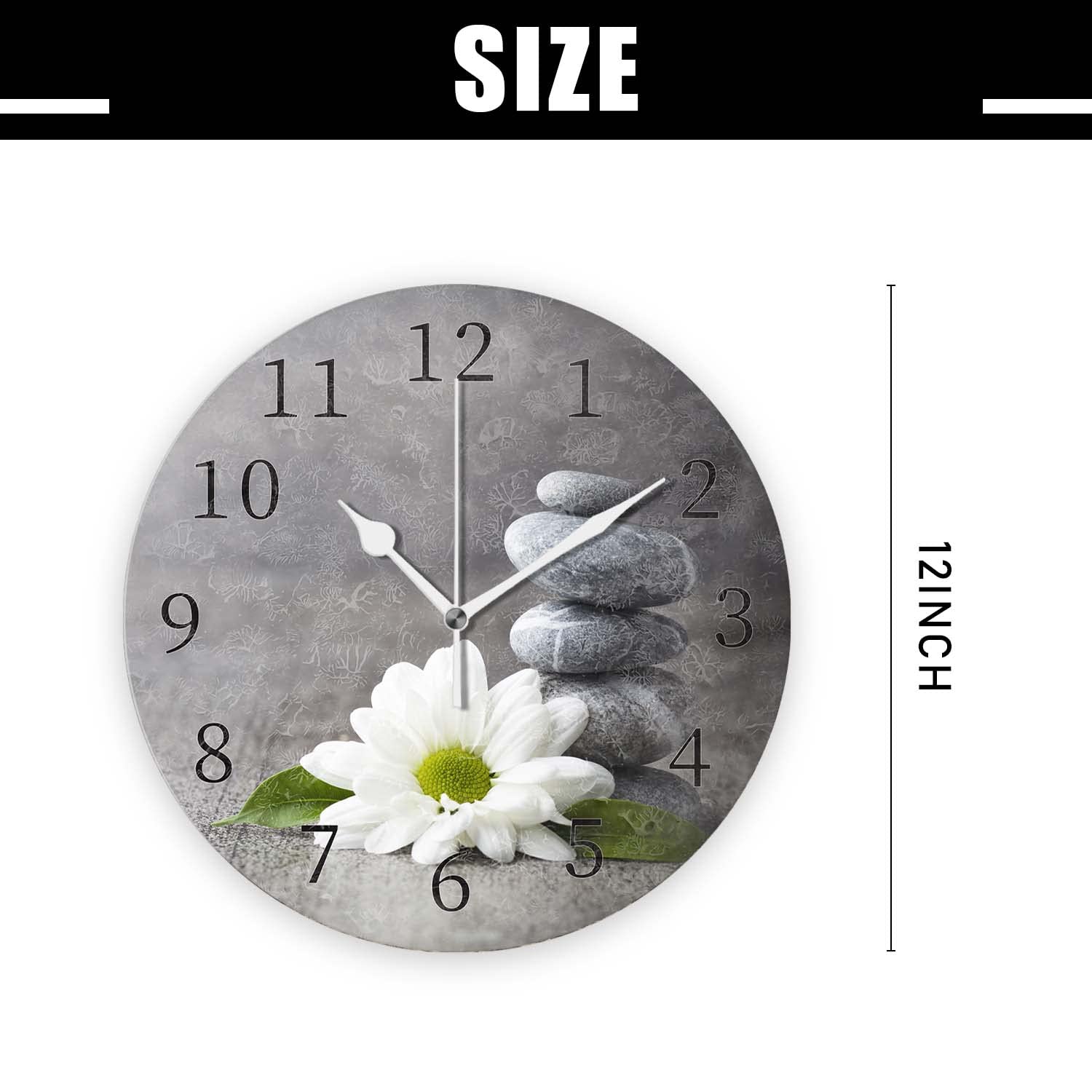 Tiawutal Battery Operated Wall Clocks 12 Inch,Grey Stone and Flowers,Silent Home Decor for Bathroom,Living Room,Bedroom