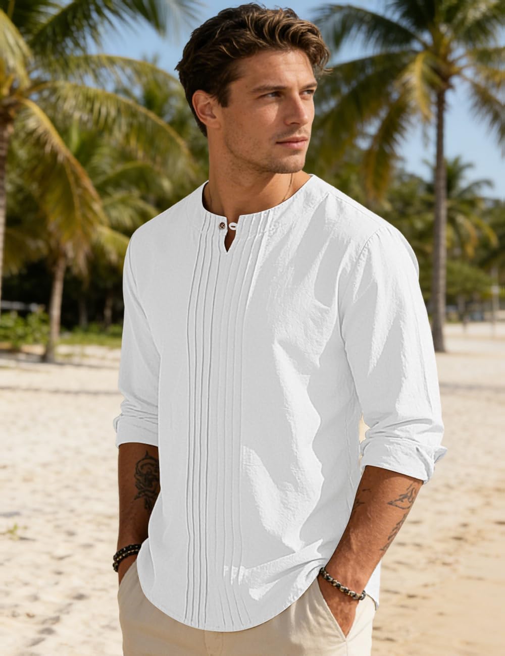 Men's Linen Shirts Casual Long Sleeve Pleated Front T-Shirt Button Henley Collared Loose Lightweight Pullover Top - Image 5