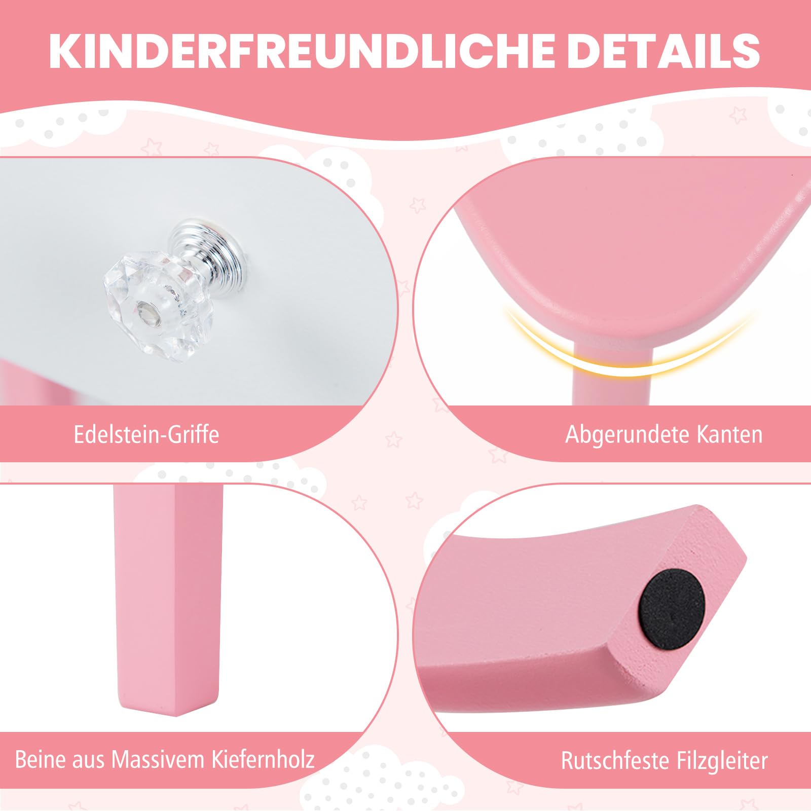 COSTWAY 2 in 1 Kinder Schminktisch mit Beleuchtung, Frisiertisch mit Schublade, klappbarem & 3 farbigem Spiegel, Prinzessinnen Kosmetiktisch mit Hocker, Schminkkommode für Mädchen ab 3 Jahren (Rosa)