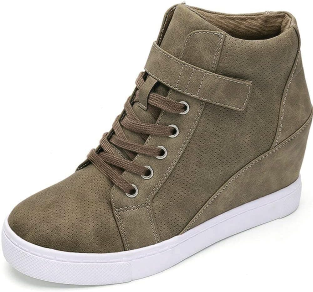 Athlefit Women's Lace Up Wedge Sneakers High Top Fashion Sneakers Ankle Booties, Brown, 5.5