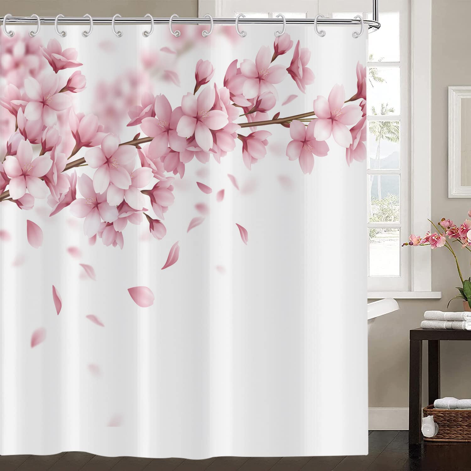Rideau de douche fleurs de cerisier en tissu artistique sakura rose