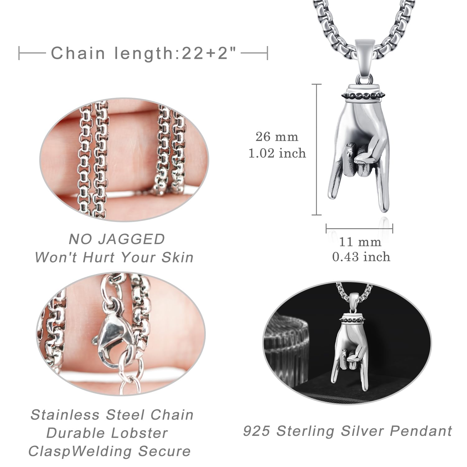 Sbzxbt 925 Sterling Silver Lineman/Welder/Gym/Rock Pendant Necklace for Men Cool Accessories for Men Faith Pendant Necklace
