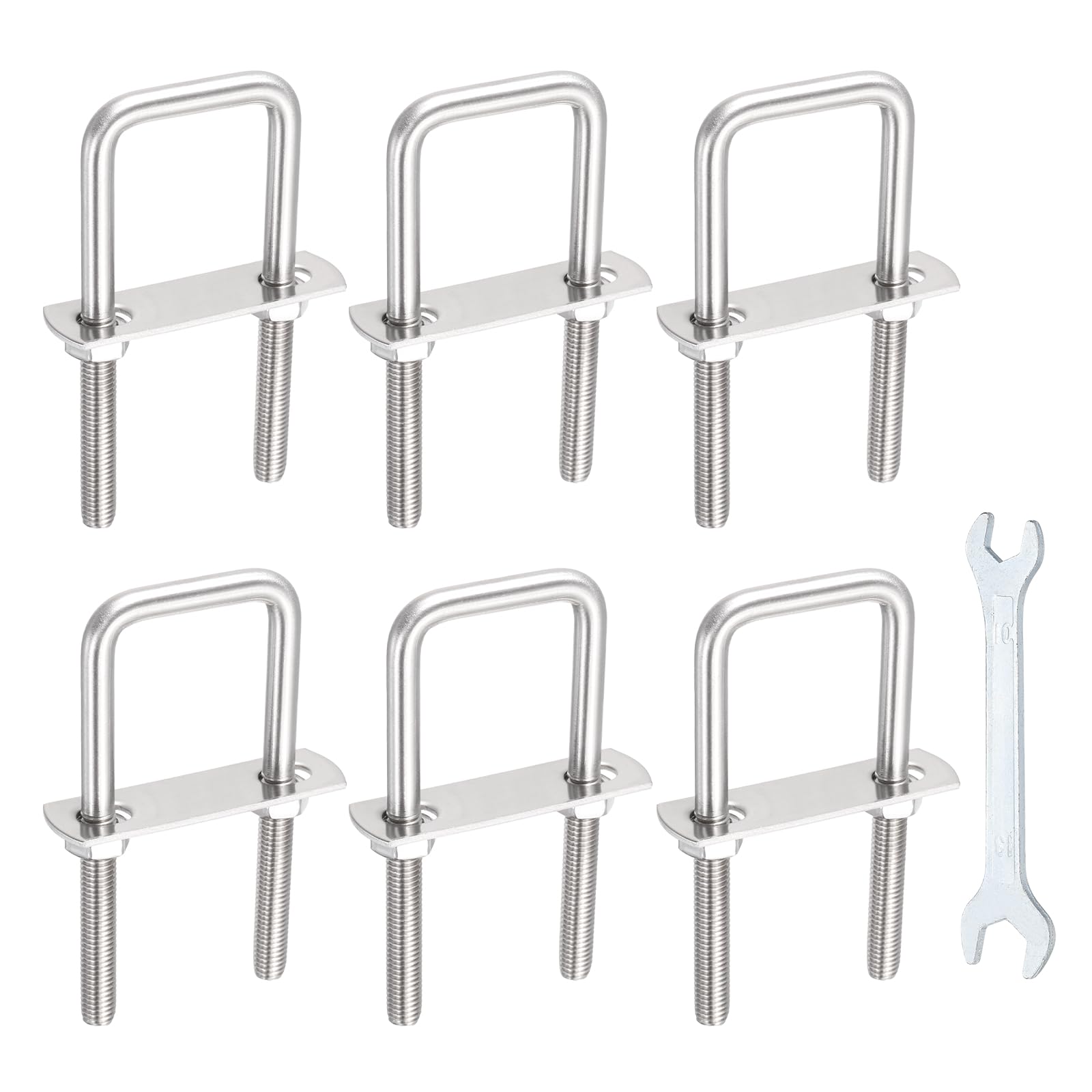 sourcing map 6 Sets M8 Square U-Bolts, 1.42"(36mm) Inner Width 3.3"(85mm) Length 304 Stainless Steel U Clamp Bolts with Nuts, Plates and Wrench for Trailer Ski Boat Fishing Boat — image 1