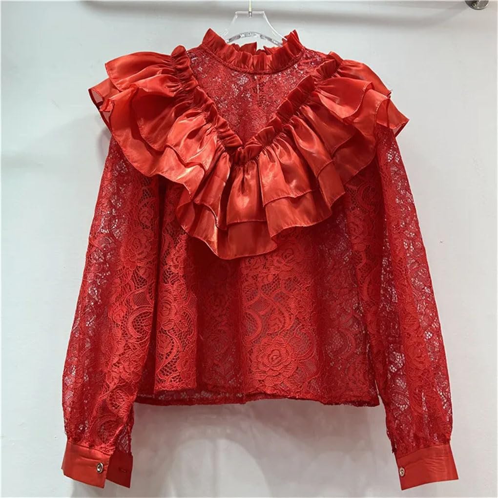 Camicetta da donna con volant in pizzo traforato stile sottile manica lunga francese patchwork camicetta